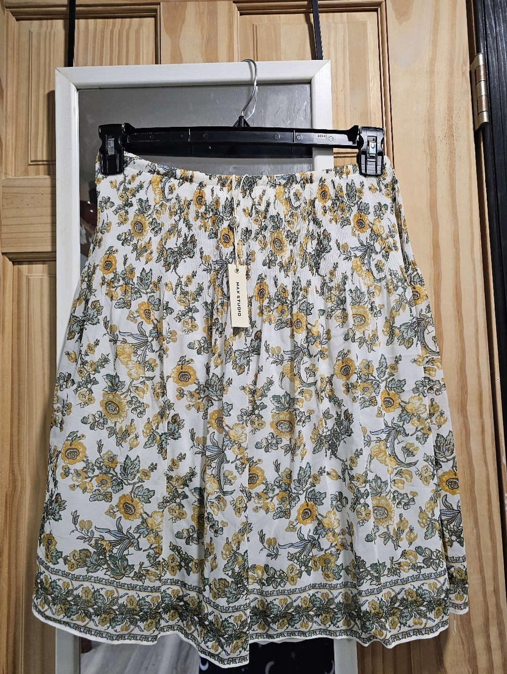 Max Studio Cream Floral A-Line Skirt with Yellow and Green Print
